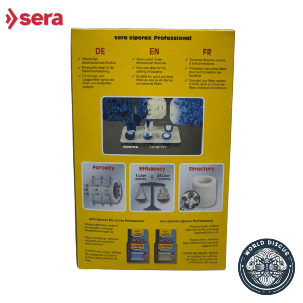 Reverso de la caja del Sera Siporax Professional 15 mm, mostrando las especificaciones, instrucciones y beneficios del producto.