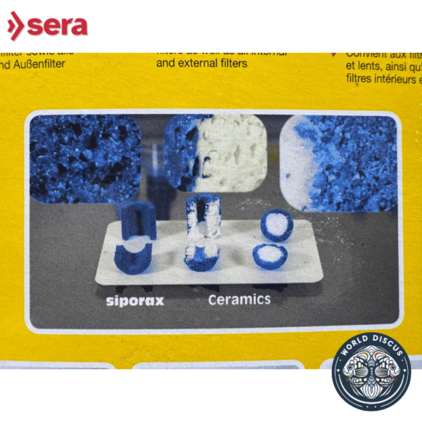 Reverso de la caja del Sera Siporax Professional 15 mm, mostrando las especificaciones, instrucciones y beneficios del producto.